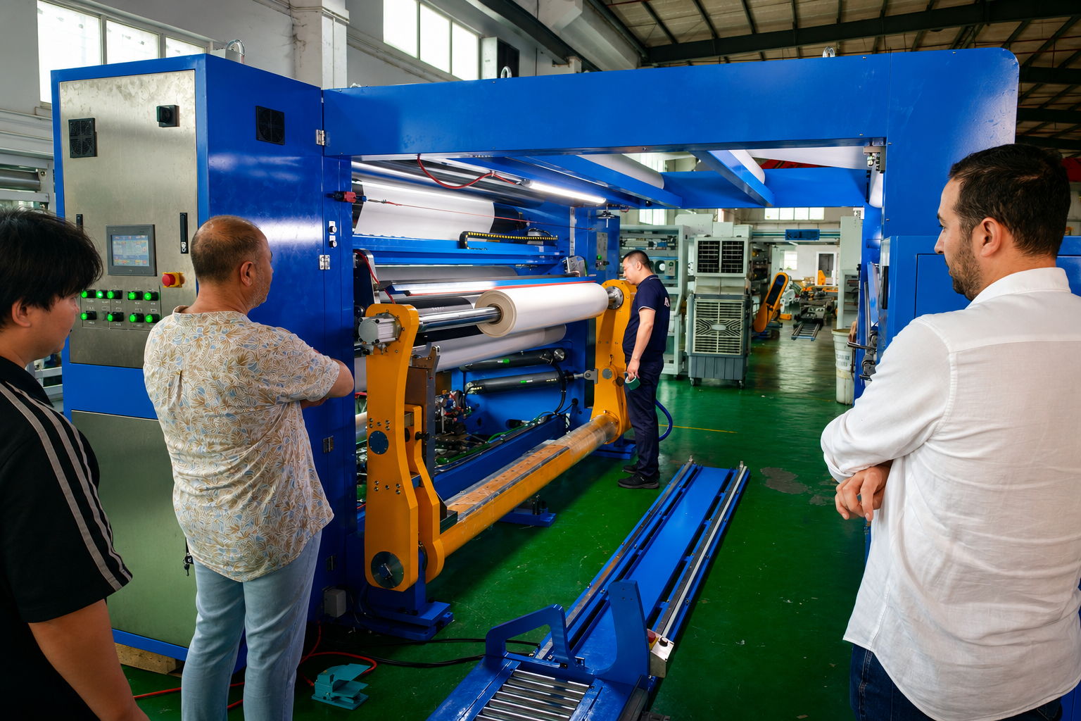 Frimpeks representatives observing a CLS-A8 machine demonstration at the JUYOU factory